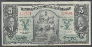 1935 Banque Du Canadienne Nationale 5 Dollars Bank Note