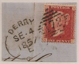 1857 Derry Spoon Duplex Code E Qv 1d Star On Neat Piece Ireland Postal History