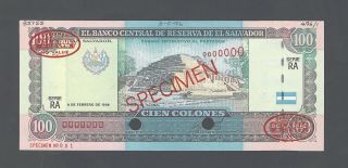 El Salvador 100 Colones 9 - 2 - 1996 P146s Specimen Tdlr N1 Aunc - Unc