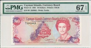 Currency Board Cayman Islands $10 1991 S/no 383883 Pmg 67epq
