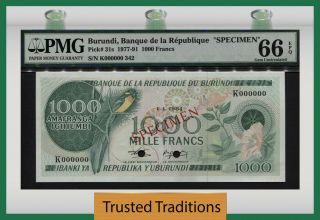 Tt Pk 31s 1977 - 91 Burundi 1000 Francs " Specimen " Pmg 66q Sole Certified Example