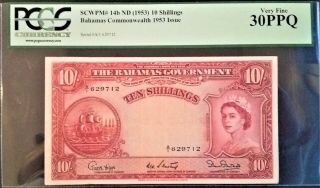 British Bahamas 10 Shillings 1953 P 14 Pcgs Vf 30 Ppq Queen Elizabeth Qeii
