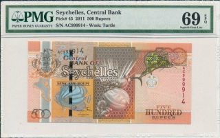 Central Bank Seychelles 500 Rupees 2011 S/no 9999xx.  Pop.  1 Pmg 69epq