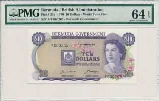 Bermuda Government Bermuda $10 1970 Prefix A/1 Low S/no 000205 Pmg 64epq