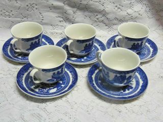 Set Of 5 Blue Willow Cups And Saucers