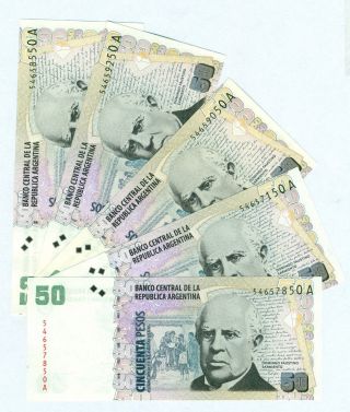 Argentina Bundle 5 Notes 50 Pesos (2000) Suffix A P 350 Unc