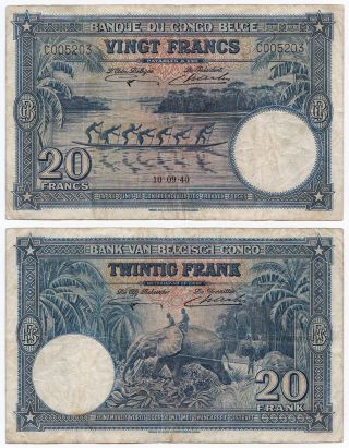 Belgian Congo,  20 Francs 1940,  Pick 15,  F