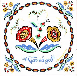 Scandinavian Trivet Tile: " Var Sa God " Swedish Flower 6 " X 6 ",  Cork Backing