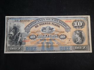 O94 Dominican Republic Banco De Puerto Plata 1889 10 Pesos Signed Choice Vf