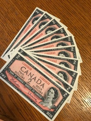1954 Canadian Two Dollar Bills In Sequence And Uncirculated (10)