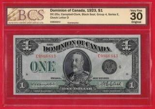 1923 $1 Dominion Of Canada Note Black Seal Series E Dc - 25o - Bcs Vf - 30