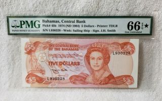 1974 (nd 1984) Bahamas Central Bank Pick 45b $5 Dollars Pmg 66 Star Epq