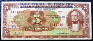 Costa Rica Banknote 5 Colones,  P.  215a Vf 1950