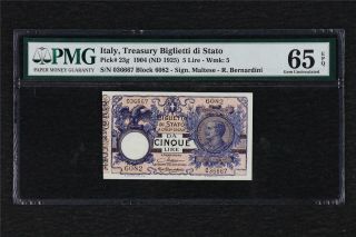 1904 Italy Treasury Biglietti Di Stato 5 Lire Pick 23g Pmg 65 Epq Gem Unc