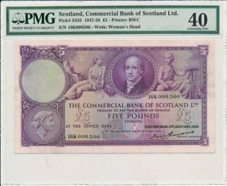 Commercial Bank Of Scotland Ltd.  Scotland 5 Pounds 1951 Pmg 40