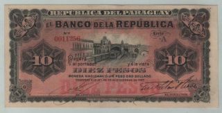 Paraguay Banknote 10 Pesos M.  N = 1 Peso Oro L.  1907 Pick 157 - Unc