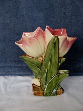 Mid Century Pink & Green Double Tulip Mccoy Pottery 8  Planter Vase