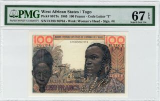 West African States / Togo 100 Francs 1965 P - 801te Pmg Gem Unc 67 Epq