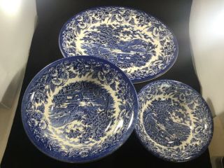 Eit China From England Blue And White Ironstone 3 Piece Serving Platter Set