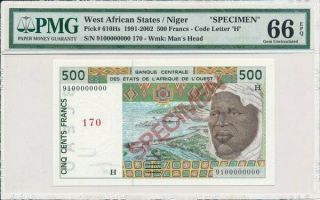 Banque Centrale West African States/niger 500 Francs 1991 Specimen Pmg 66epq