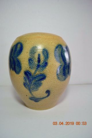 Cooksburg Pottery Signed Stoneware Salt Glaze Blue Decorated Ovoid Crock Vase