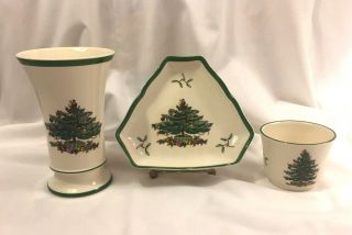 Set Of 3 Spode Christmas Tree Porcelain Vase,  Nut Dish & Cup Or Small Dish