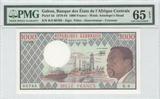 Gabon 1000 Francs P - 3d Pmg 65epq