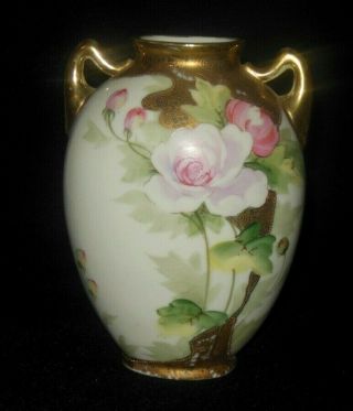 Nippon Hand Painted Double Handle Vase Pink Roses Gold Design 1911