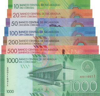 Nicaragua 7 Note Set: 10 To 1000 Cordobas,  P209 - P215 Unc