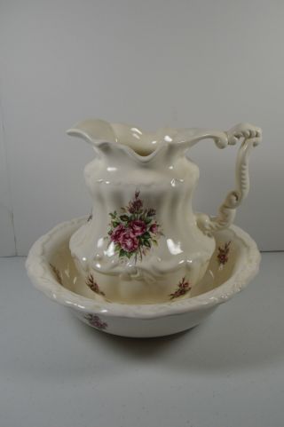 Vintage Athena California Pottery Floral Pitcher And Basin Bowl