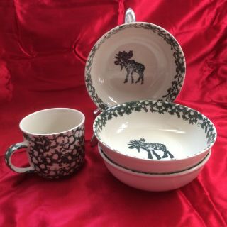 4 Piece Folk Craft Moose Country By Tienshan 3 Bowls & 1 Cup Green Sponge