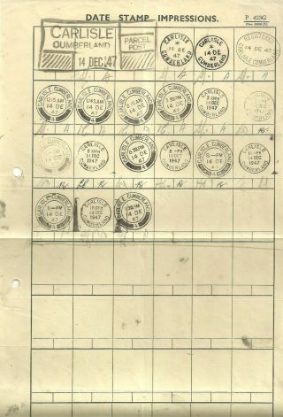 Date Stamp Impressions Sheet Carlisle Cumberland 1947 X 19 Parcel Post Etc P423g