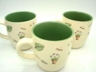 Pfaltzgraff Perennials Flower Garden Set Of 3 Sage Green / Ivory Coffee Mugs