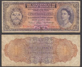 British Honduras 2 Dollars 1964 (f - Vf) Banknote P - 29b Qeii