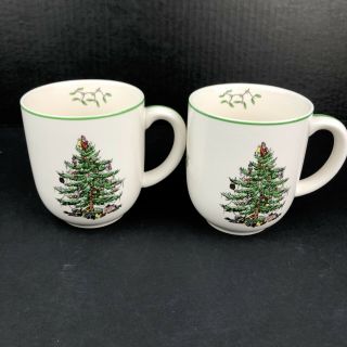 Set Of 2 Spode Christmas Tree Holly Mugs S3324 - A6 Ivory Holiday Coffee Cup