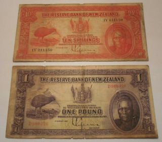 Zealand - 1934 10 Shilling P - 154 Vg 100 & 1934 1 Pound/£1 P - 155 Vg 70