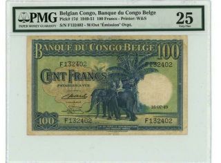 Belgian Congo - 100 Francs 1949 - 51,  Pmg Very Fine 25,  Ref.  Pick 17d