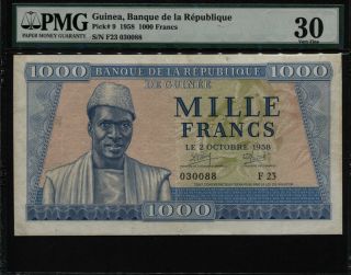 Tt Pk 9 1958 Guinea Banque De La Republique 1000 Francs President Toure Pmg 30