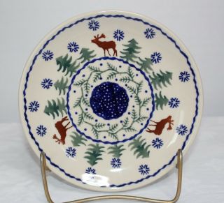 Boleslawiec Polish Pottery Christmas Moose Reindeer Pine Trees Salad Plate