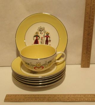 6 Saucers 1 Cup - Rhythm By Homer Laughlin American Provincial W Yellow Border