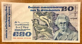 1980 Ireland £20 Pound Banknote P - 73a Wm.  Butler Yeats XF 3