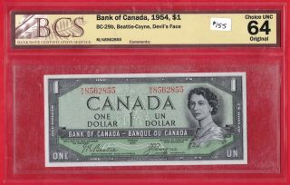 1954 $1 Bank Of Canada Note Devil Face Bc - 29b - Bcs Ch Unc - 64