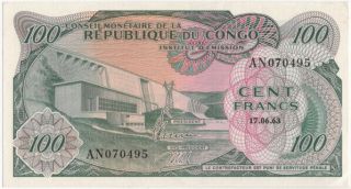 Congo 100 Francs Dated 1963,  P1a Auncirculated Aunc