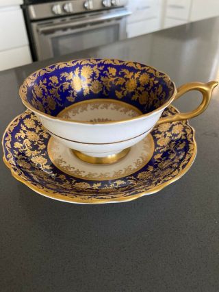 Paragon Cup And Saucer Fine Bone China England Blue Gold Accents Scalloped Edge