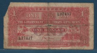 Straits Settlements Malaysia Singapore 1 Dollar,  1927,  P 9a,  Vg Tear