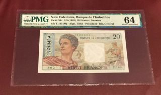 French Caledonia Noumea Bank D’ Indochina 20 Franc Pmg Unc 64 Pick 50c 1963