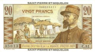 St Pierre & Miquelon 20 Francs Currency Banknote 1950 Cu