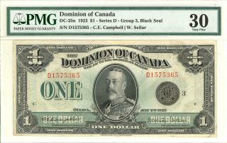 Canada $1 Dollar Large Size Dominion Currency Banknote 1923 Pmg 30 Vf