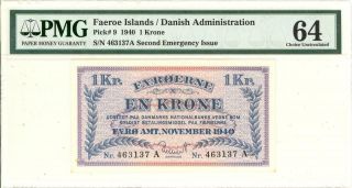 Faeroe Islands 1 Krone Currency Banknote 1940 Pmg 64 Cu