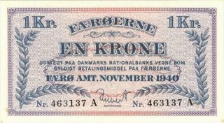 Faeroe Islands 1 Krone Currency Banknote 1940 PMG 64 CU 2